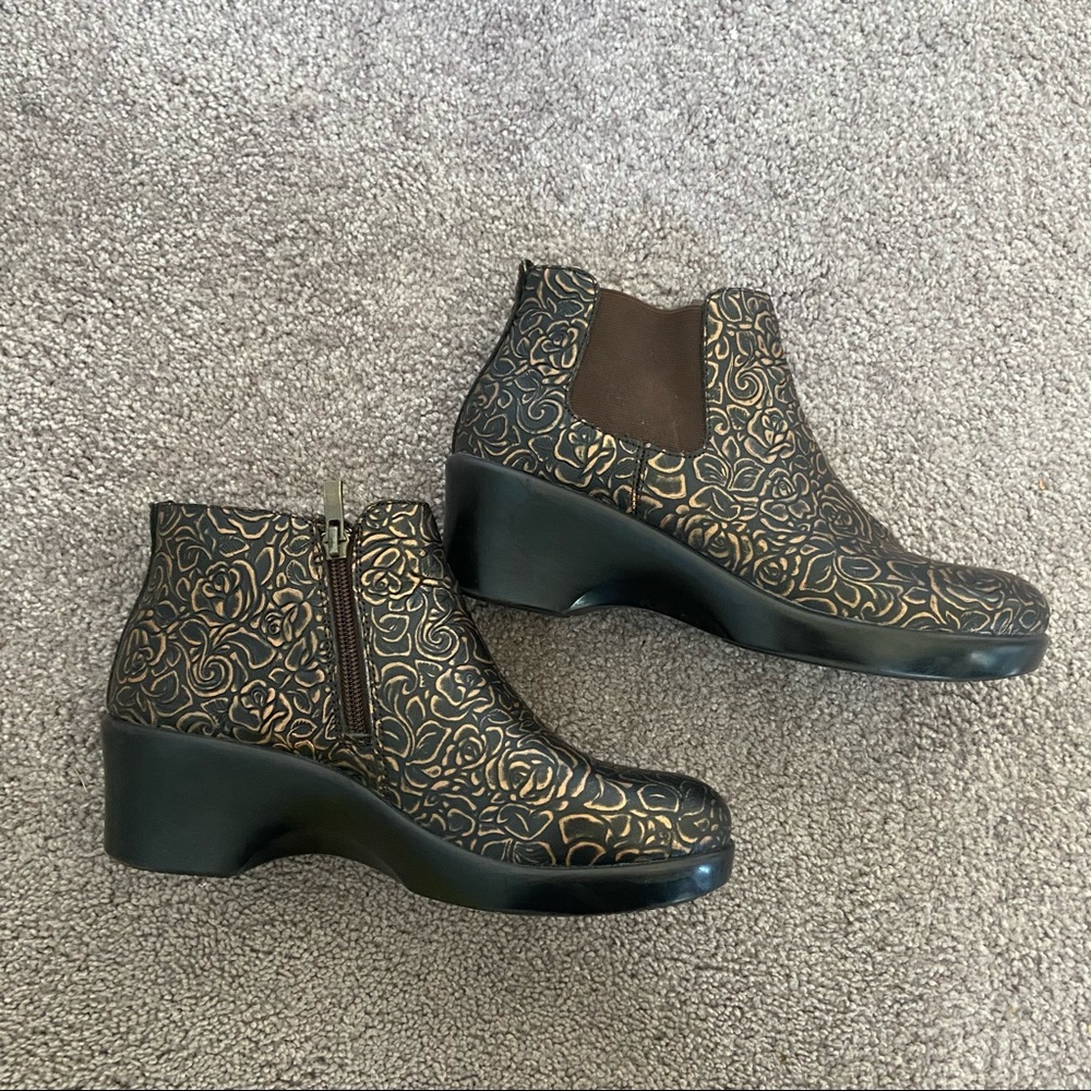 Alegria black and gold embossed booties